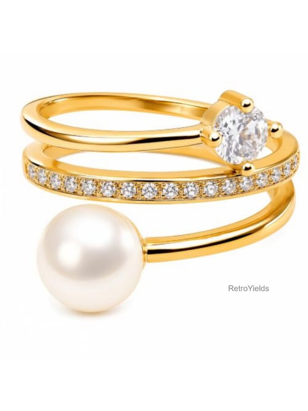 Genuine Freshwater Pearl Adjustable Open Ring with CZ, Gold Plated Brass Band